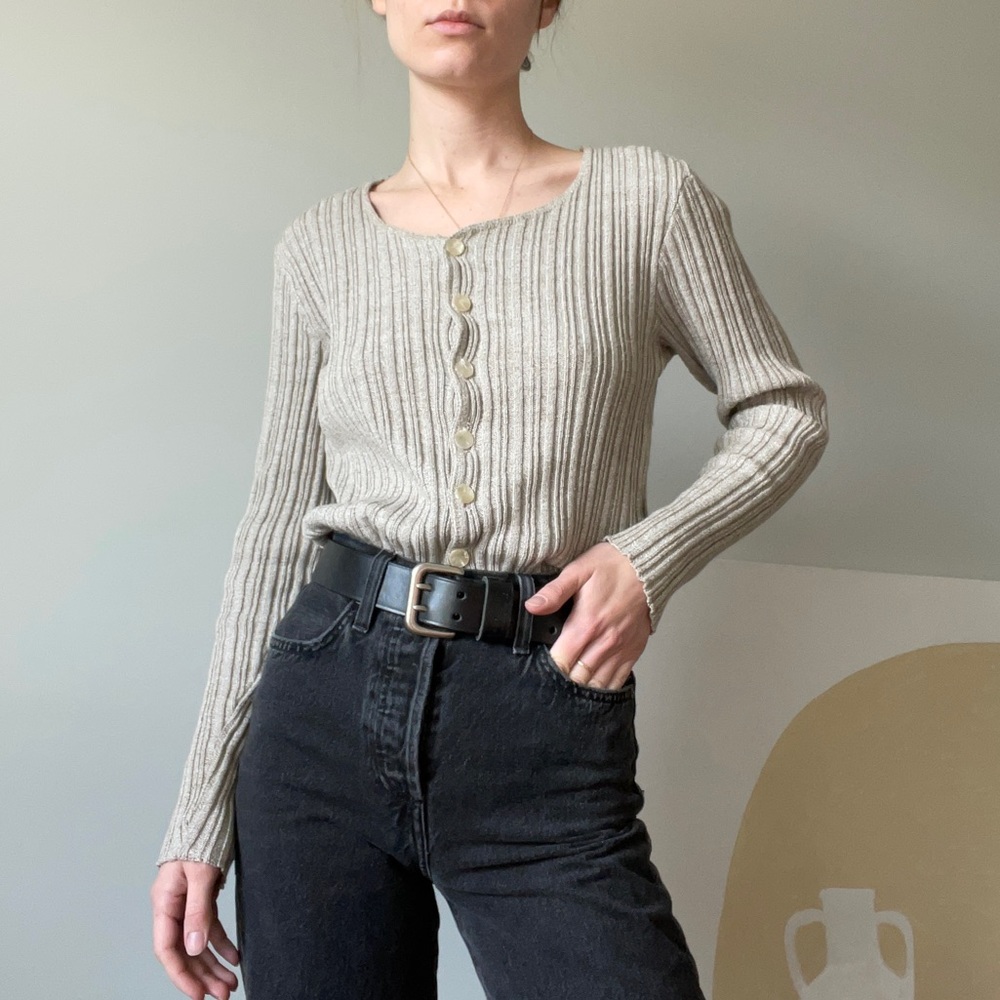 SOLD Vintage Beige Button Up Cotton Ribbed Cropped Sweater